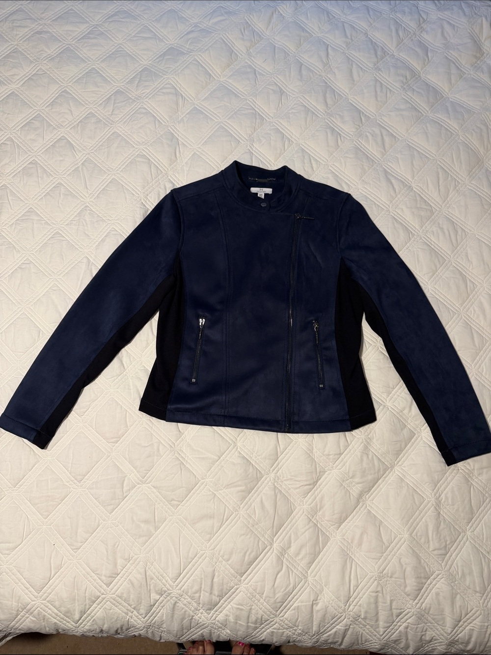 H HALSTON Faux Suede Stretch Panel Asymmetrical Moto Jacket